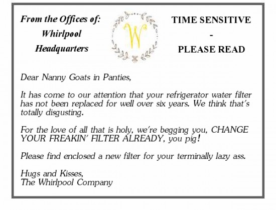 whirlpool letter letter from whirlpool, change water filter