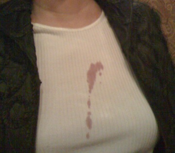 wine stain dribbled down front of my shirt