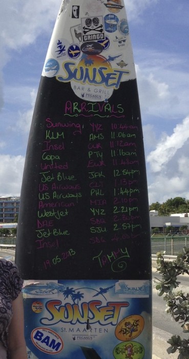 st maarten, st martin, plane landings, sunset bar, surfboard, arrival schedule